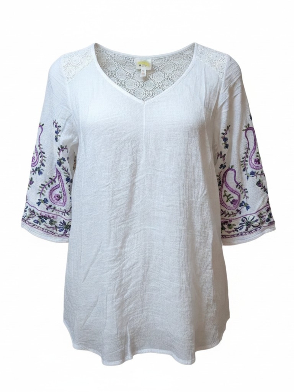 FIG & FLOWER | White‎ Embroidered Boho Tunic Top Mixed Media Gauze Blouse | 2X